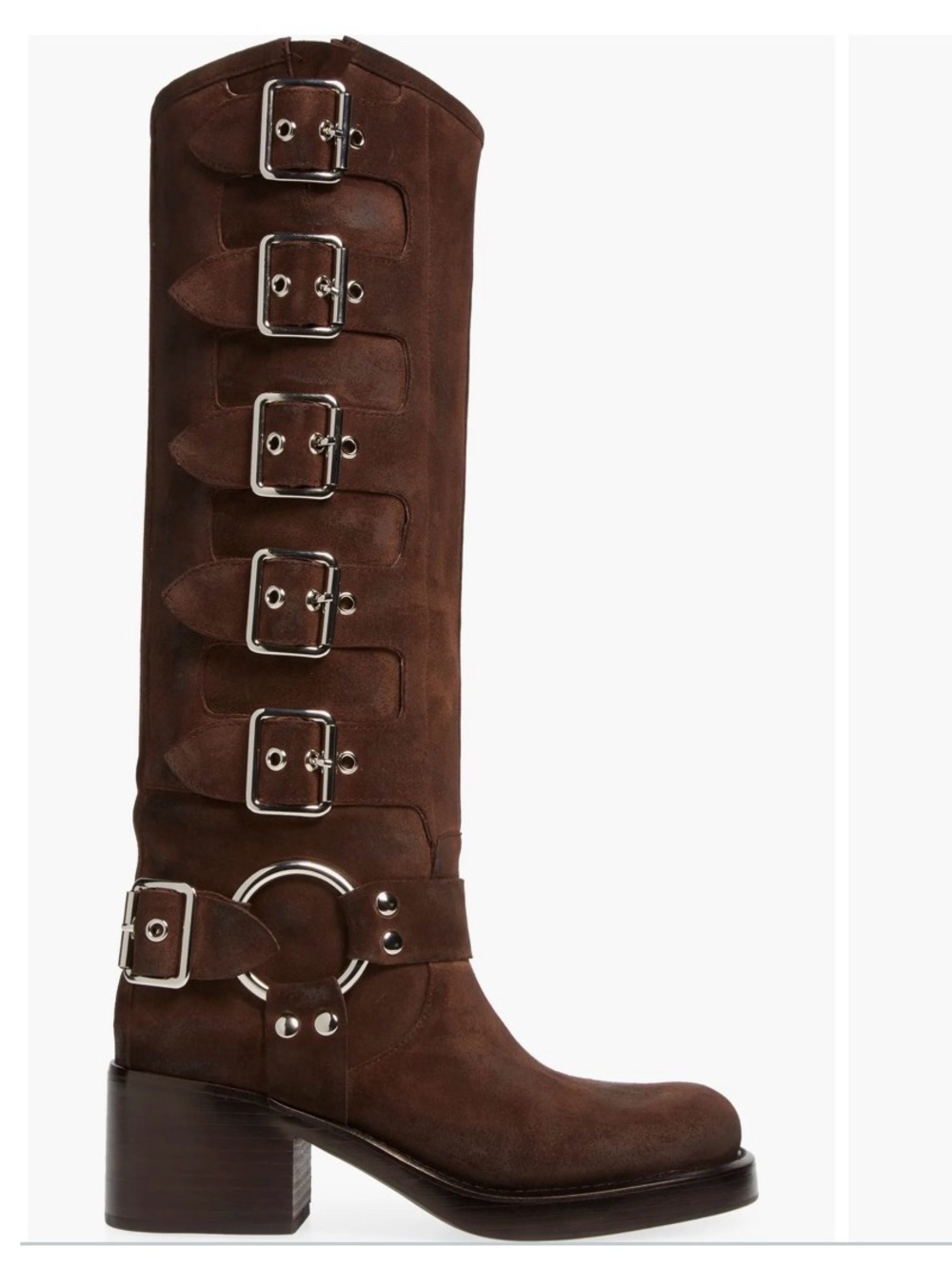 New JEFFREY CAMPBELL
Trouble Buckle Moto Knee Boots Brown Suede 6.5 MSRP $365